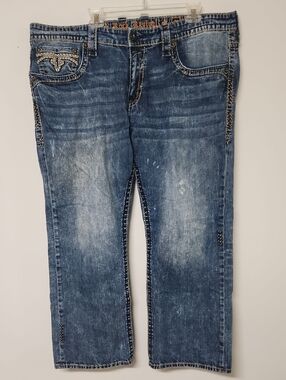 Rock Revival Blue Denim Jeans with Gold Embroidered Logo
